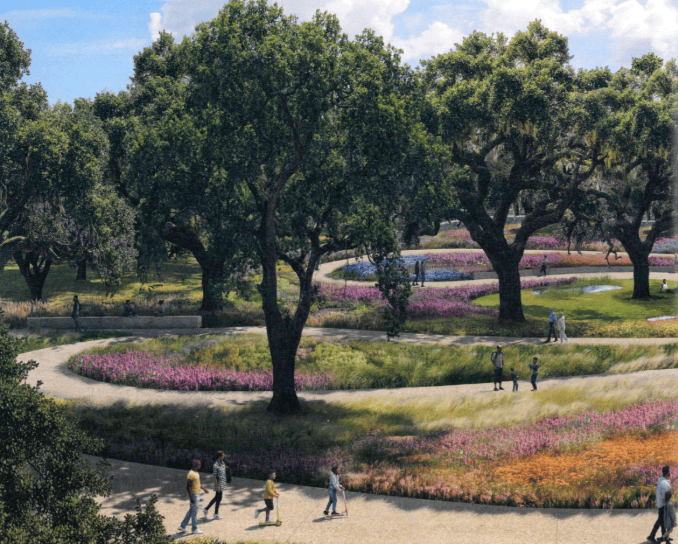 Rendering of the Charline McCombs Pollinator Meadow Garden with walking paths and oak trees